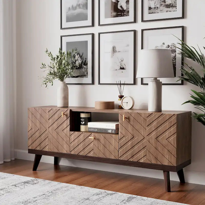 Meuble TV Console avec tiroir – Convient aux TV jusqu'à 65 po avec pieds en bois Design Mid-Century Modern