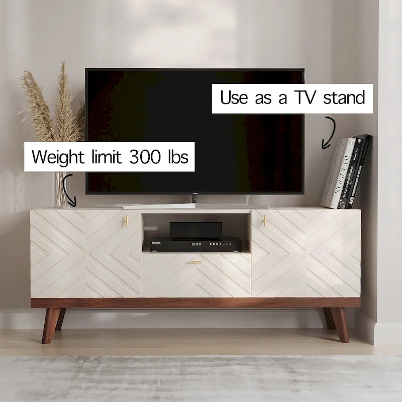 Meuble TV Console avec tiroir – Convient aux TV jusqu'à 65 po avec pieds en bois Design Mid-Century Modern