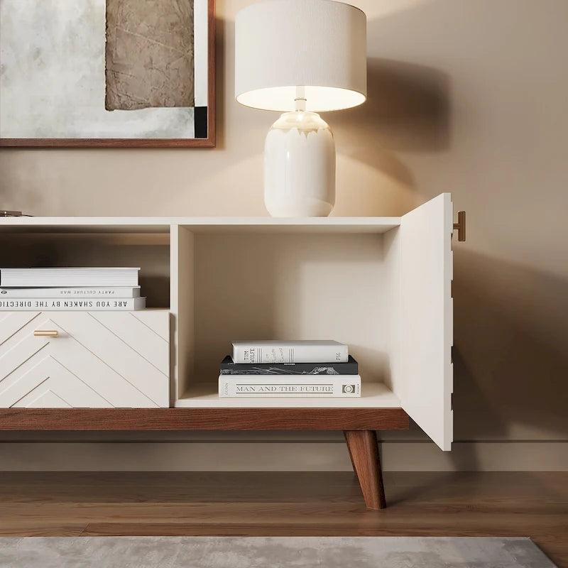 Meuble TV Console avec tiroir – Convient aux TV jusqu'à 65 po avec pieds en bois Design Mid-Century Modern