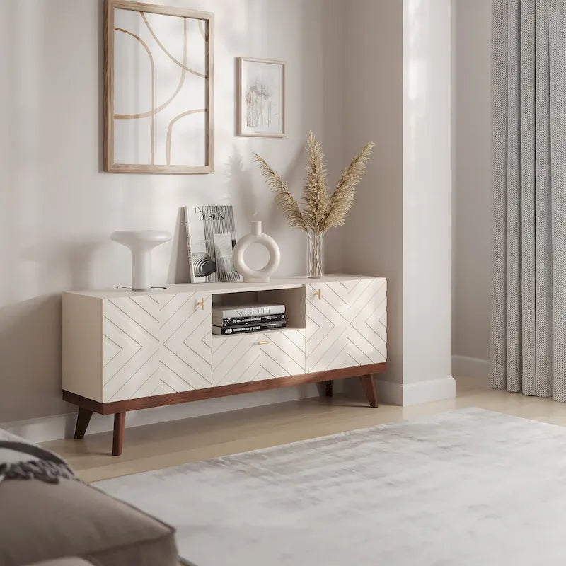 Meuble TV Console avec tiroir – Convient aux TV jusqu'à 65 po avec pieds en bois Design Mid-Century Modern