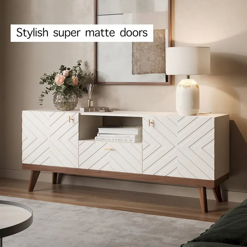 Meuble TV Console avec tiroir – Convient aux TV jusqu'à 65 po avec pieds en bois Design Mid-Century Modern