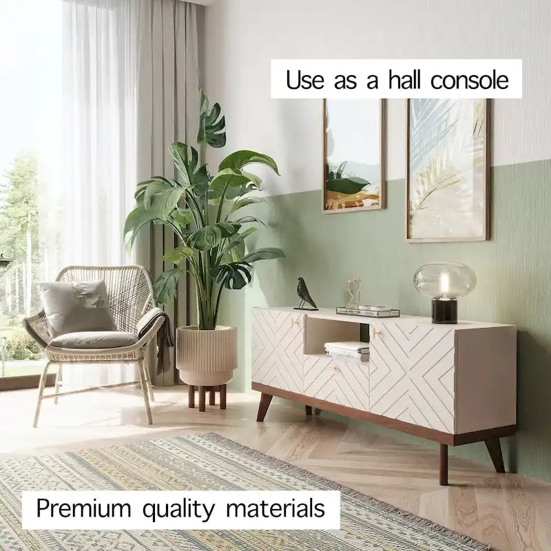 Meuble TV Console avec tiroir – Convient aux TV jusqu'à 65 po avec pieds en bois Design Mid-Century Modern