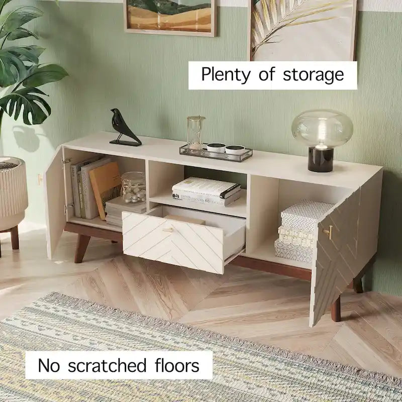 Meuble TV Console avec tiroir – Convient aux TV jusqu'à 65 po avec pieds en bois Design Mid-Century Modern