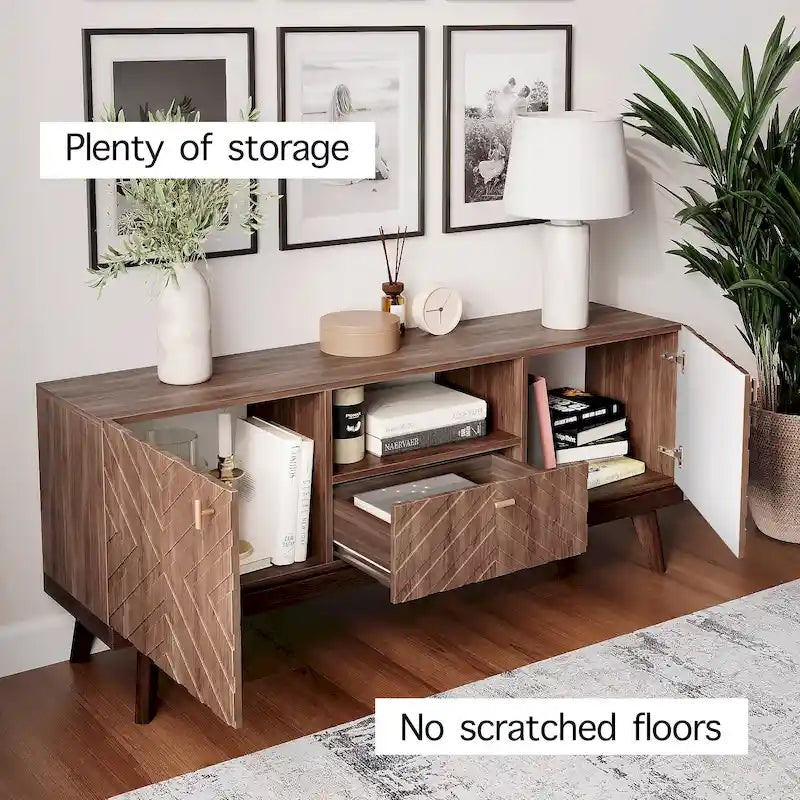 Meuble TV Console avec tiroir – Convient aux TV jusqu'à 65 po avec pieds en bois Design Mid-Century Modern
