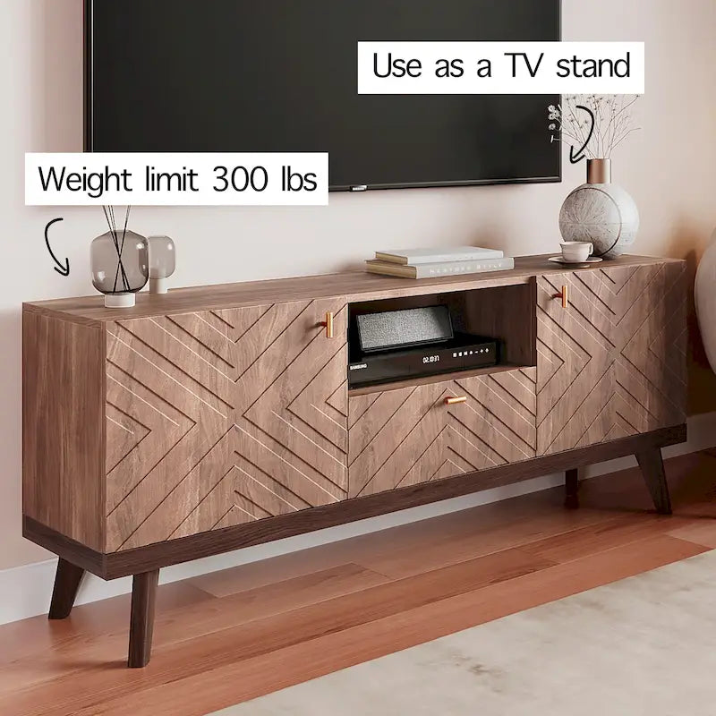 Meuble TV Console avec tiroir – Convient aux TV jusqu'à 65 po avec pieds en bois Design Mid-Century Modern