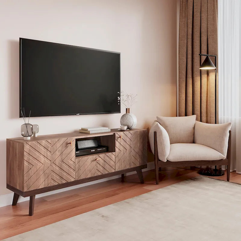 Meuble TV Console avec tiroir – Convient aux TV jusqu'à 65 po avec pieds en bois Design Mid-Century Modern