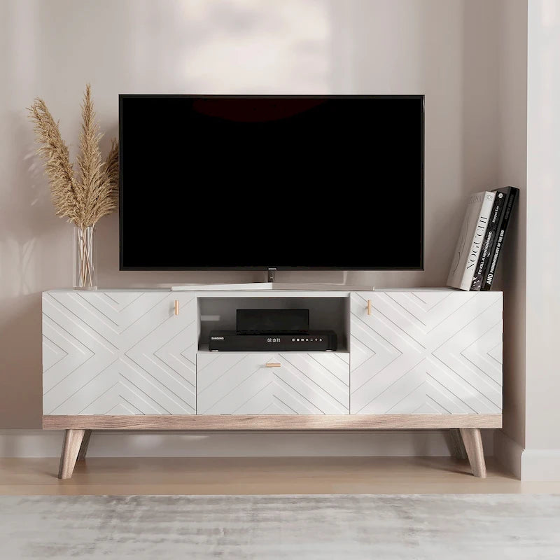 Meuble TV Console avec tiroir – Convient aux TV jusqu'à 65 po avec pieds en bois Design Mid-Century Modern