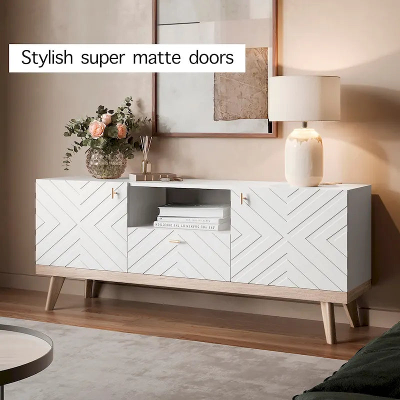 Meuble TV Console avec tiroir – Convient aux TV jusqu'à 65 po avec pieds en bois Design Mid-Century Modern
