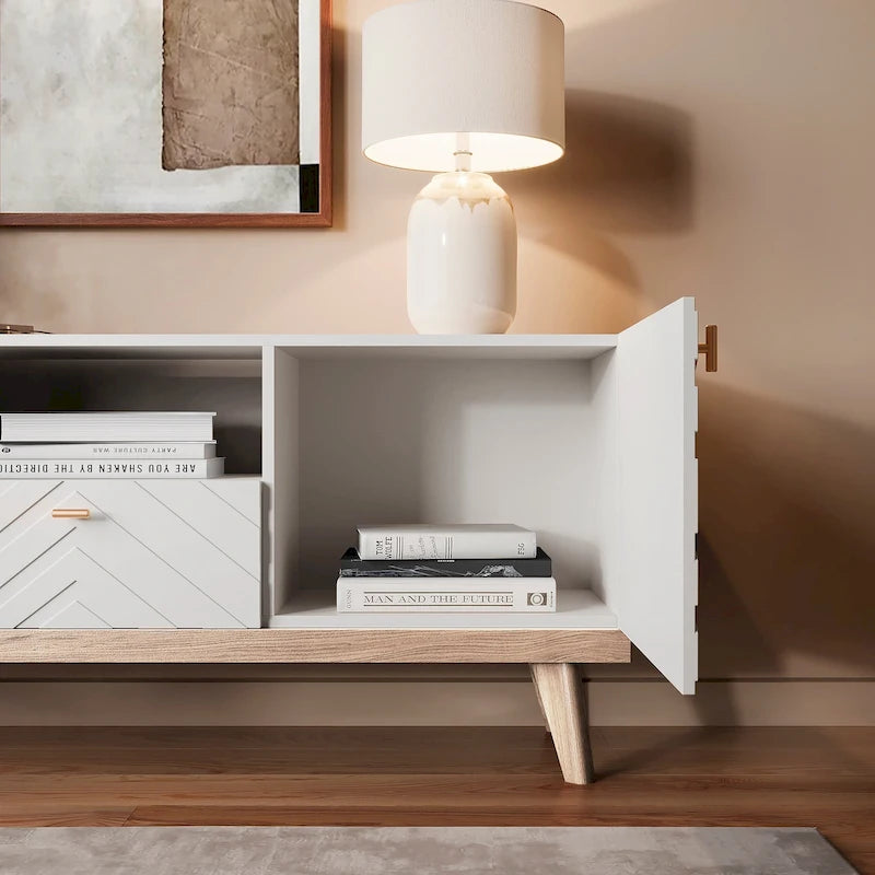 Meuble TV Console avec tiroir – Convient aux TV jusqu'à 65 po avec pieds en bois Design Mid-Century Modern