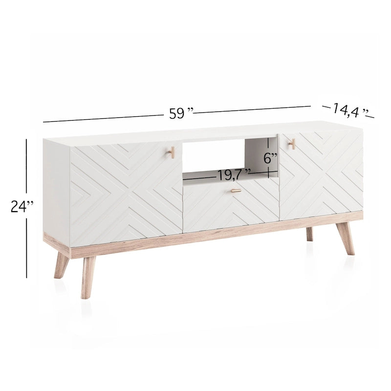 Meuble TV Console avec tiroir – Convient aux TV jusqu'à 65 po avec pieds en bois Design Mid-Century Modern