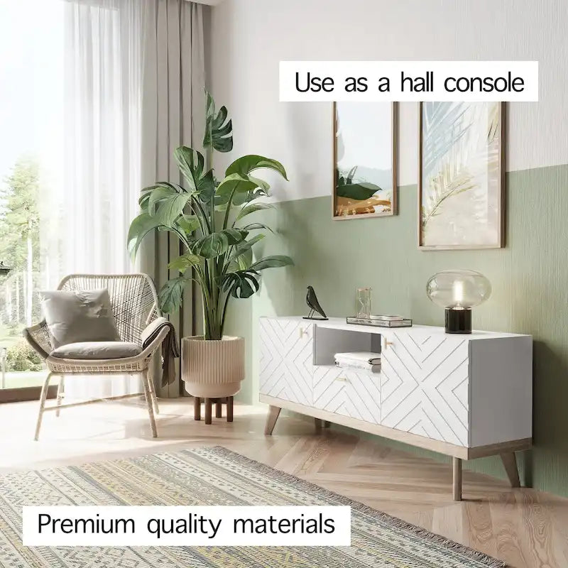 Meuble TV Console avec tiroir – Convient aux TV jusqu'à 65 po avec pieds en bois Design Mid-Century Modern