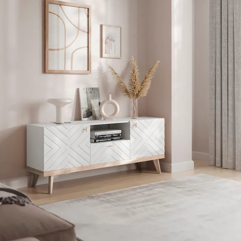 Meuble TV Console avec tiroir – Convient aux TV jusqu'à 65 po avec pieds en bois Design Mid-Century Modern