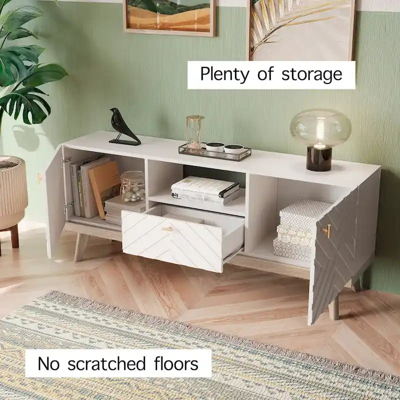 Meuble TV Console avec tiroir – Convient aux TV jusqu'à 65 po avec pieds en bois Design Mid-Century Modern