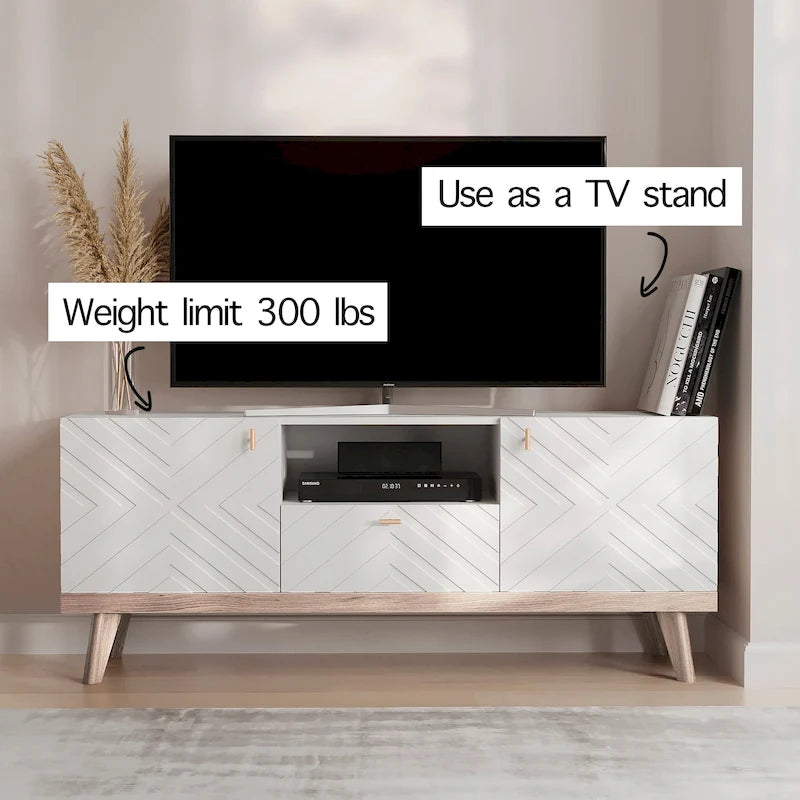 Meuble TV Console avec tiroir – Convient aux TV jusqu'à 65 po avec pieds en bois Design Mid-Century Modern