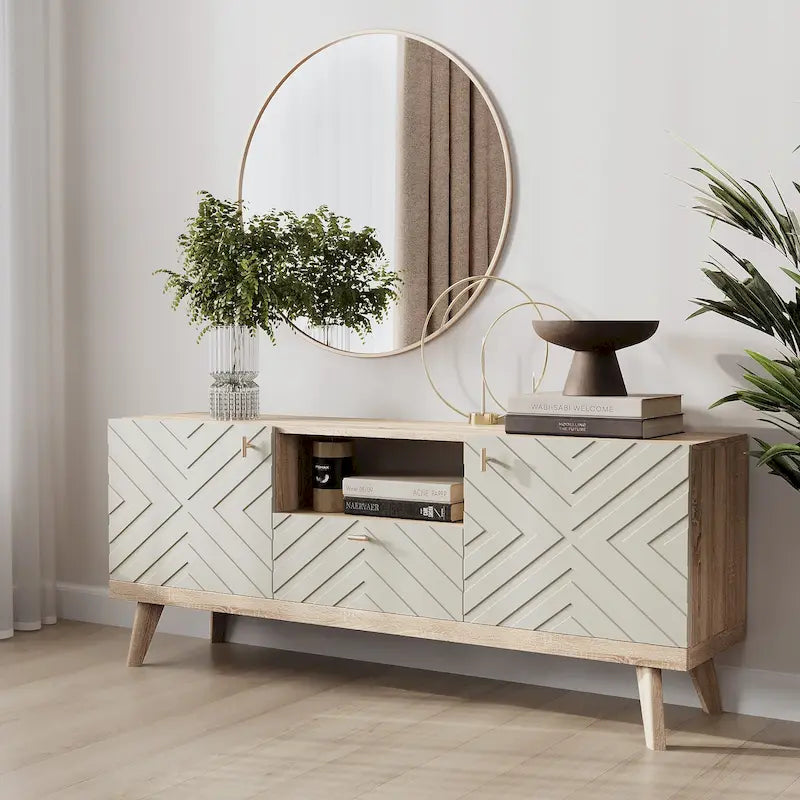 Meuble TV Console avec tiroir – Convient aux TV jusqu'à 65 po avec pieds en bois Design Mid-Century Modern