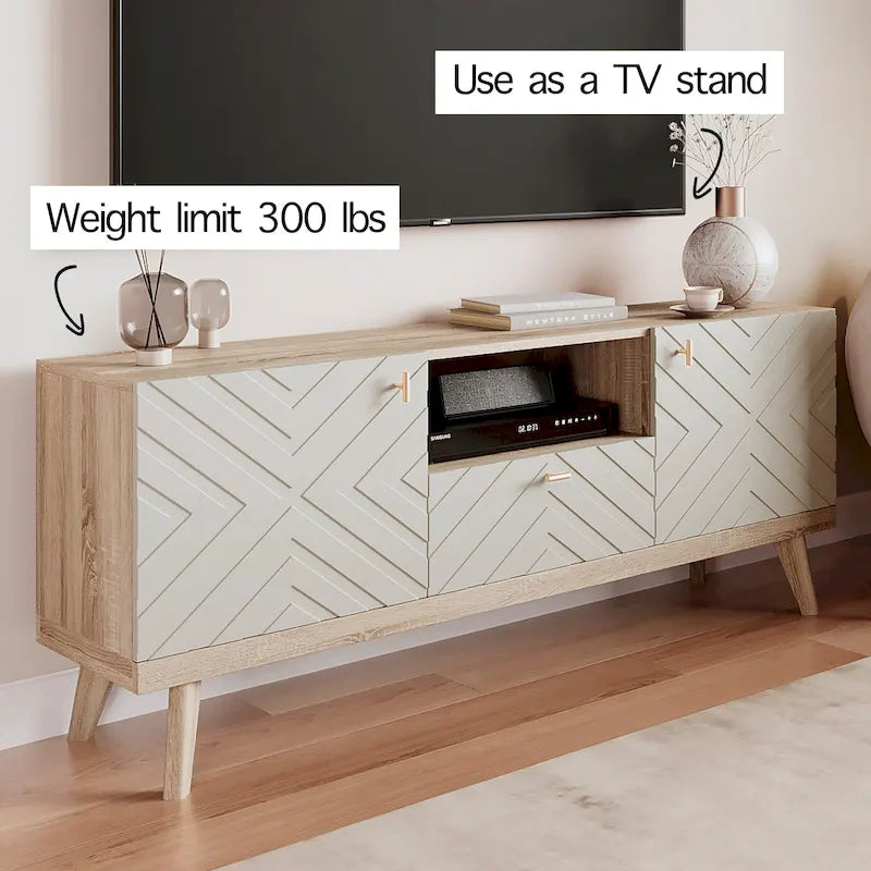 Meuble TV Console avec tiroir – Convient aux TV jusqu'à 65 po avec pieds en bois Design Mid-Century Modern