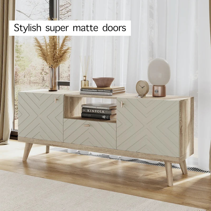Meuble TV Console avec tiroir – Convient aux TV jusqu'à 65 po avec pieds en bois Design Mid-Century Modern