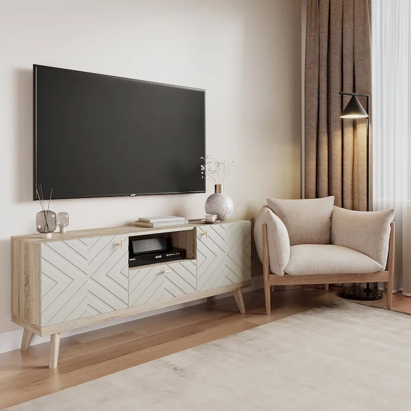 Meuble TV Console avec tiroir – Convient aux TV jusqu'à 65 po avec pieds en bois Design Mid-Century Modern