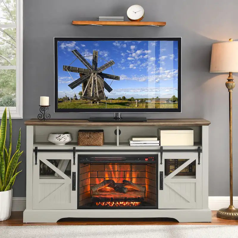 Meuble TV avec cheminée électrique de 60 po et capteur de porte