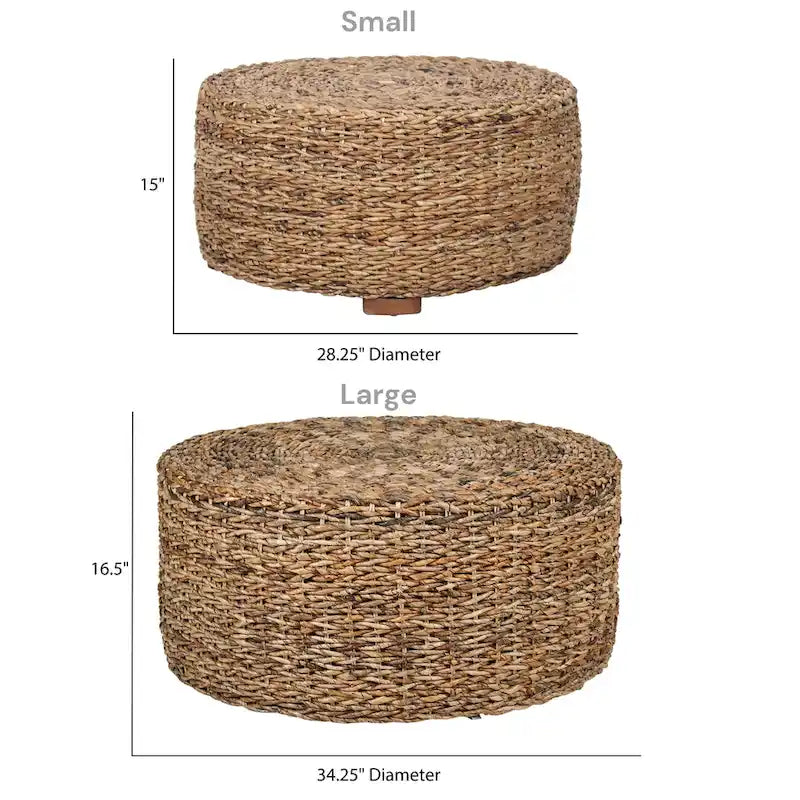 Table basse ronde ottomane en bois d'abaca naturel tissée à la main par