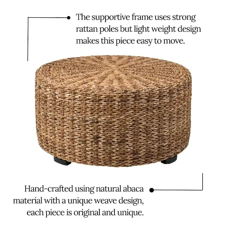 Table basse ronde ottomane en bois d'abaca naturel tissée à la main par