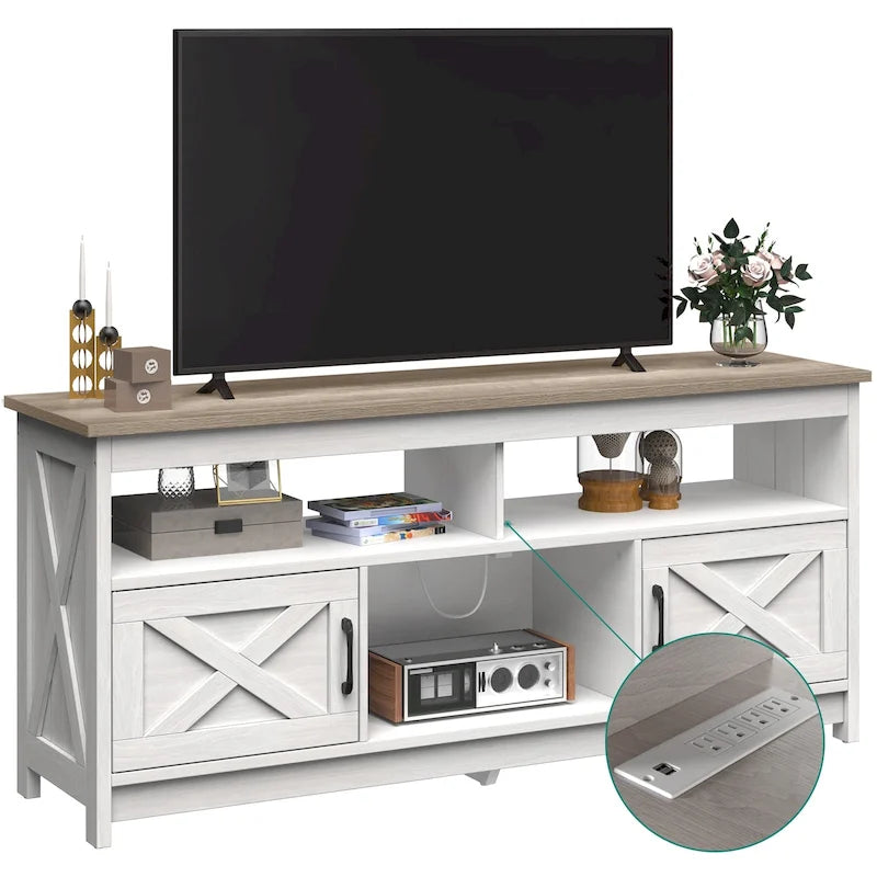 Meuble TV de style rustique pour téléviseurs jusqu'à 65 po avec portes, étagères ouvertes et prises de courant