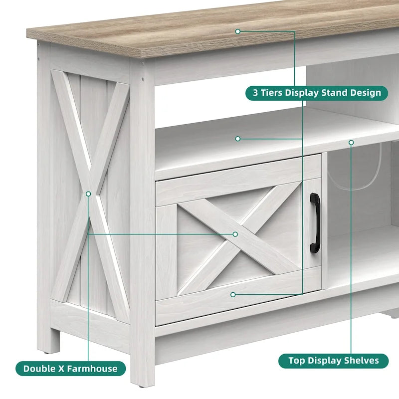 Meuble TV de style rustique pour téléviseurs jusqu'à 65 po avec portes, étagères ouvertes et prises de courant
