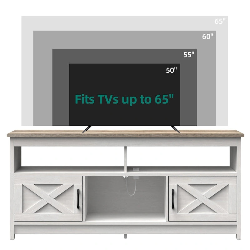 Meuble TV de style rustique pour téléviseurs jusqu'à 65 po avec portes, étagères ouvertes et prises de courant