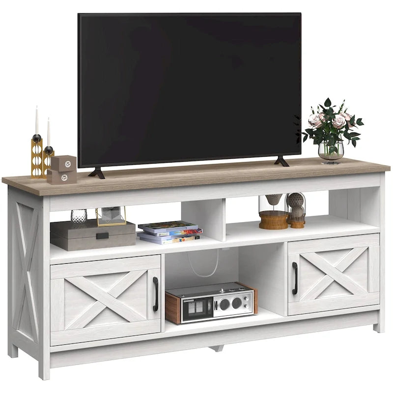 Meuble TV de style rustique pour téléviseurs jusqu'à 65 po avec portes, étagères ouvertes et prises de courant