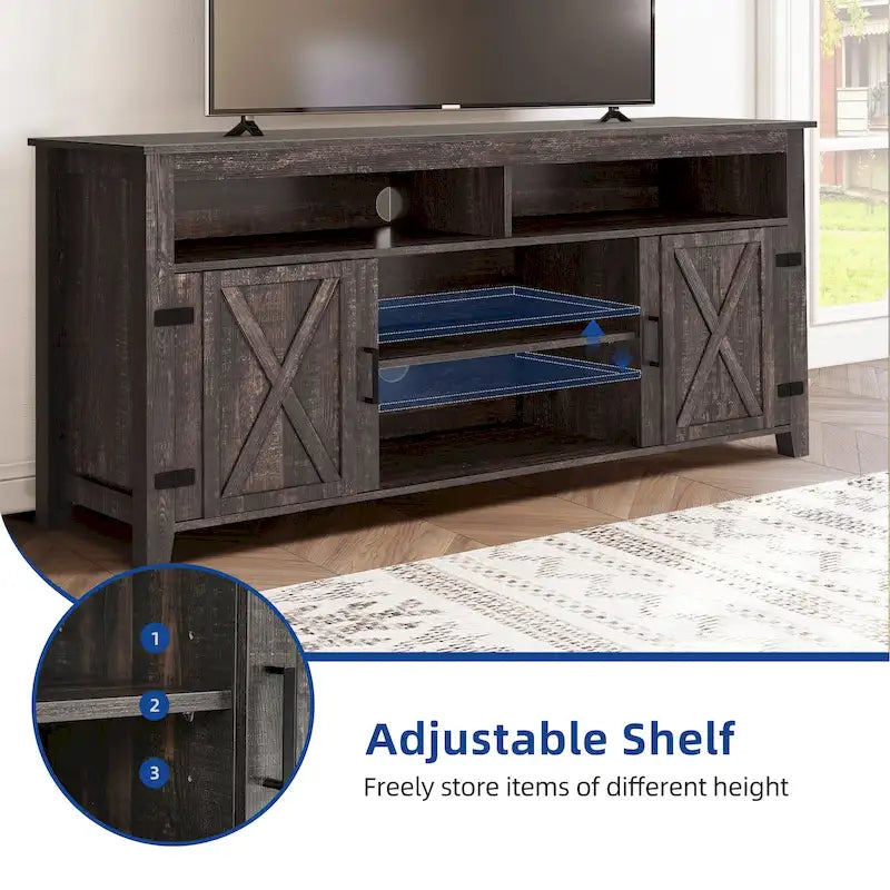Meuble TV de style rustique pour téléviseurs jusqu'à 65 po avec portes, étagères ouvertes et prises de courant