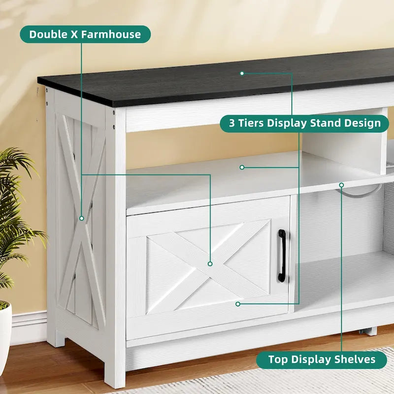 Meuble TV de style rustique pour téléviseurs jusqu'à 65 po avec portes, étagères ouvertes et prises de courant
