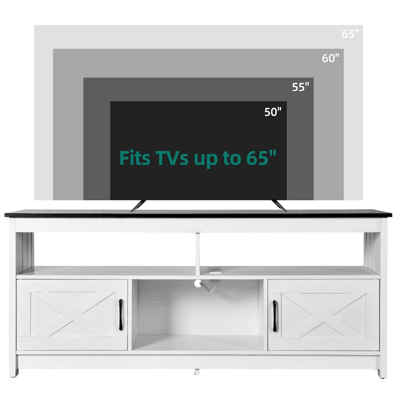 Meuble TV de style rustique pour téléviseurs jusqu'à 65 po avec portes, étagères ouvertes et prises de courant