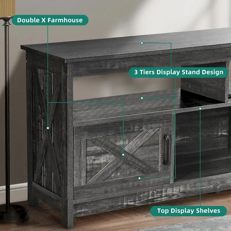 Meuble TV de style rustique pour téléviseurs jusqu'à 65 po avec portes, étagères ouvertes et prises de courant