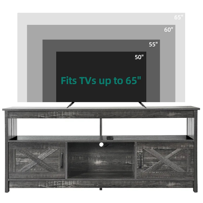Meuble TV de style rustique pour téléviseurs jusqu'à 65 po avec portes, étagères ouvertes et prises de courant