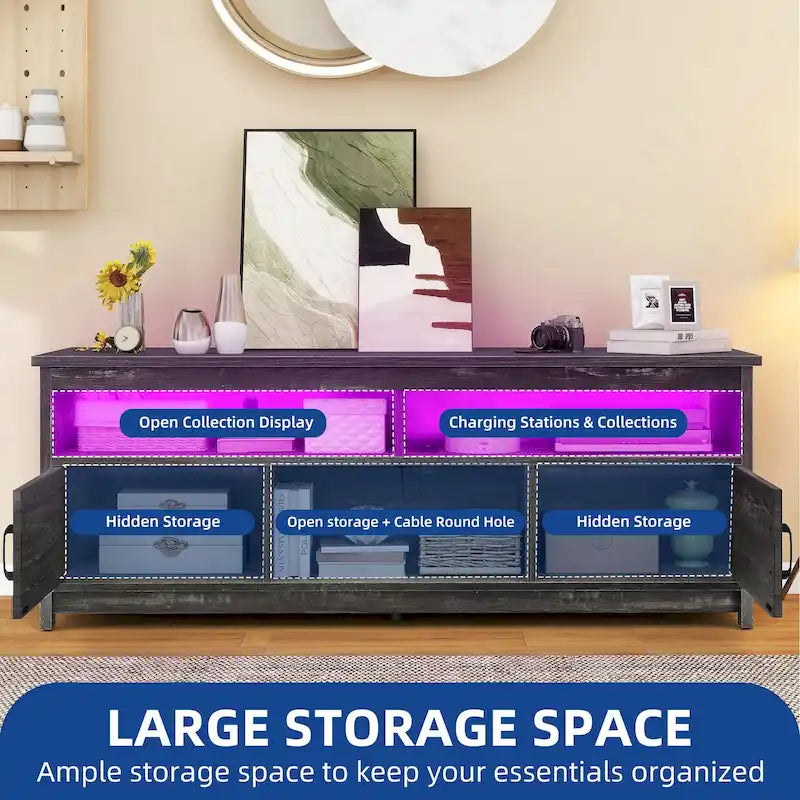 Meuble TV de style rustique pour téléviseurs jusqu'à 65 po avec portes, étagères ouvertes et prises de courant