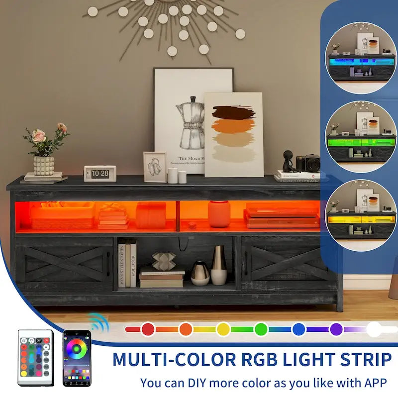 Meuble TV de style rustique pour téléviseurs jusqu'à 65 po avec portes, étagères ouvertes et prises de courant