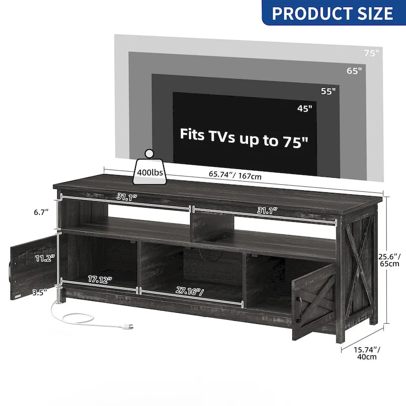 Meuble TV de style rustique pour téléviseurs jusqu'à 65 po avec portes, étagères ouvertes et prises de courant