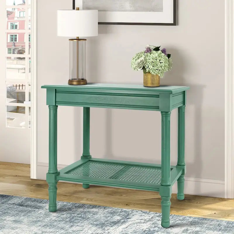 Table d'appoint crème avec étagère en rotin