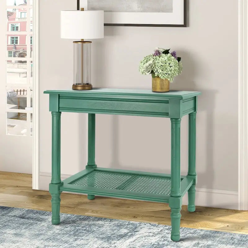 Table d'appoint crème avec étagère en rotin