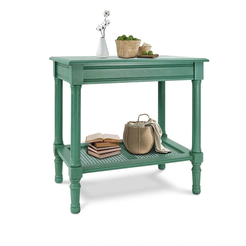 Table d'appoint crème avec étagère en rotin