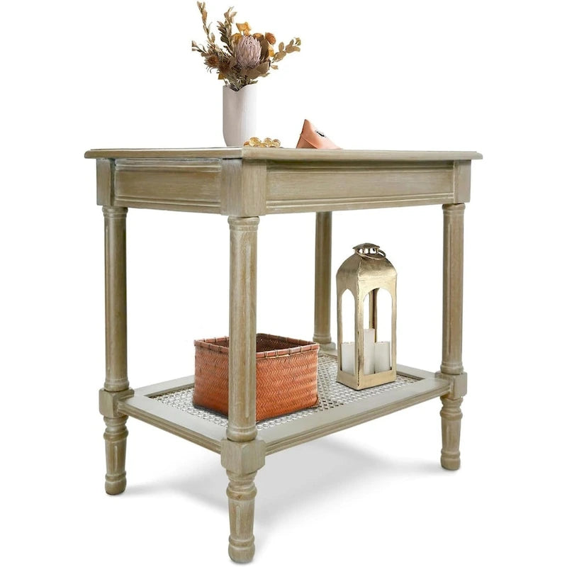 Table d'appoint crème avec étagère en rotin