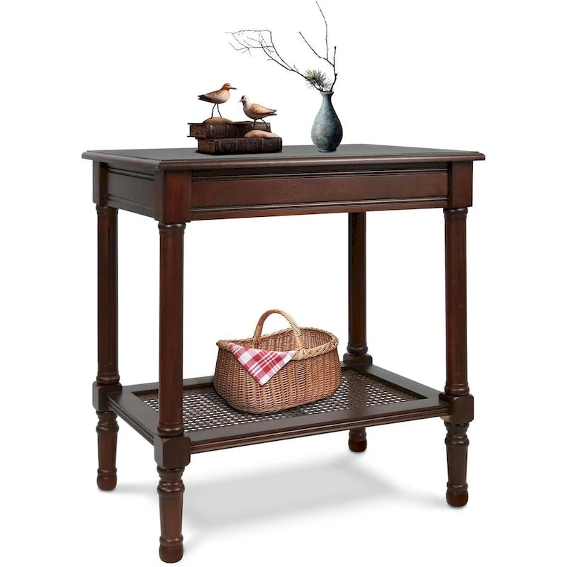 Table d'appoint crème avec étagère en rotin