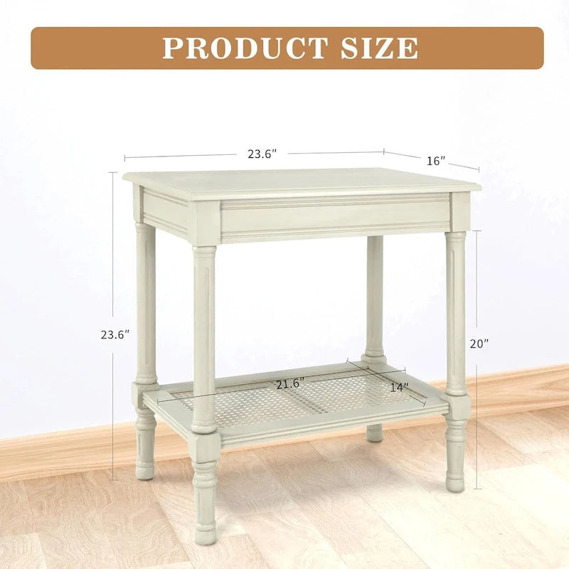 Table d'appoint crème avec étagère en rotin