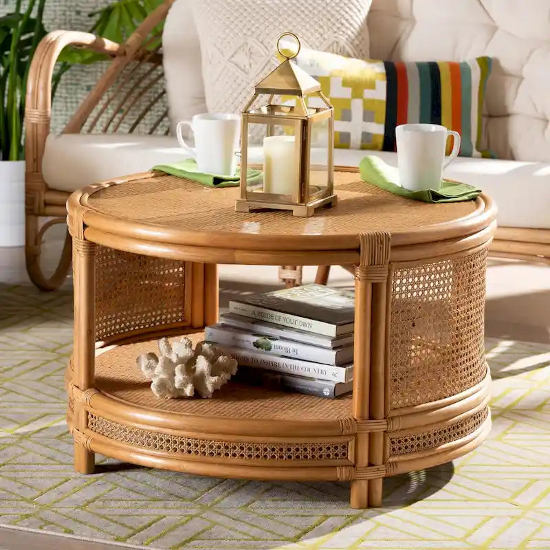 Table basse en rotin brun naturel, style bohème moderne