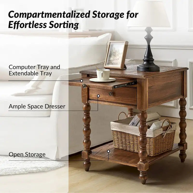 Table d'appoint en bois massif traditionnelle de 66 cm avec port USB