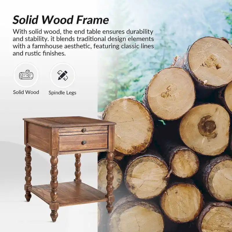 Table d'appoint en bois massif traditionnelle de 66 cm avec port USB