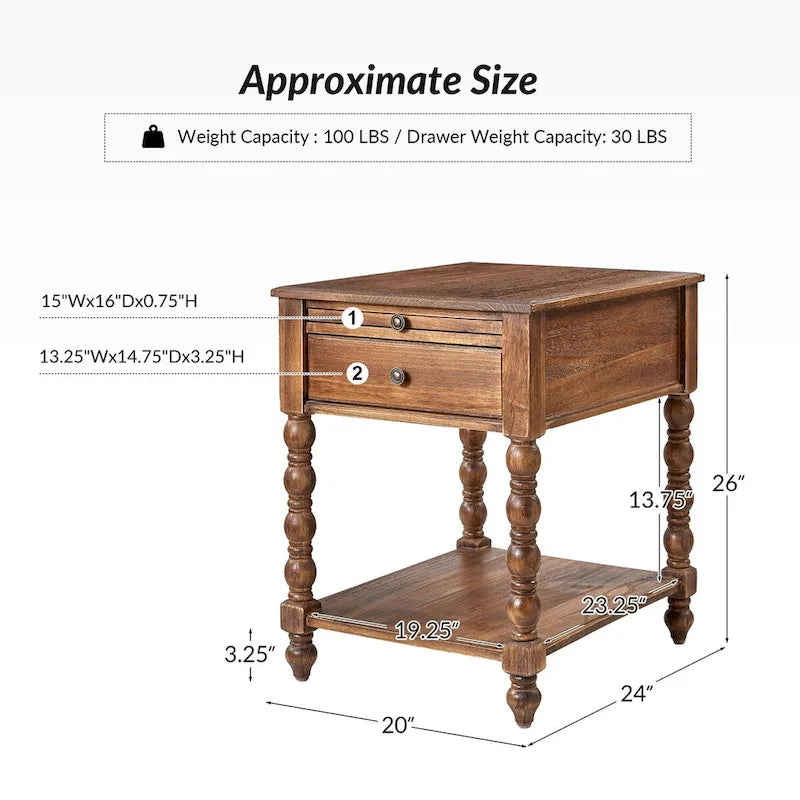 Table d'appoint en bois massif traditionnelle de 66 cm avec port USB