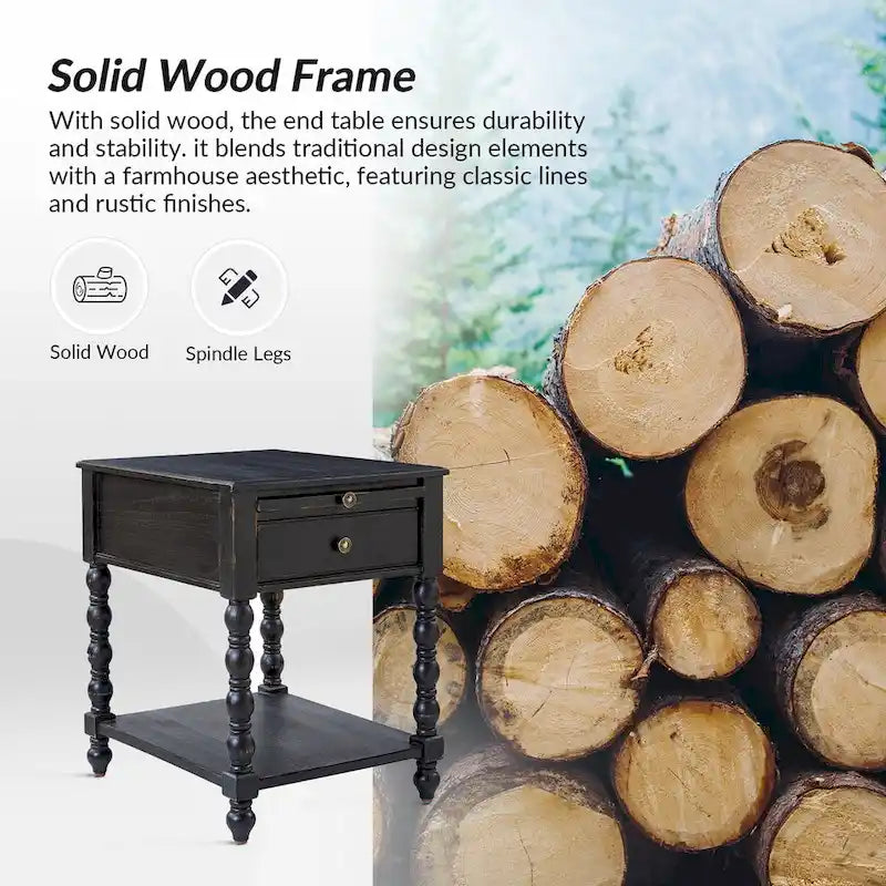 Table d'appoint en bois massif traditionnelle de 66 cm avec port USB