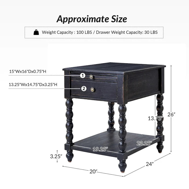 Table d'appoint en bois massif traditionnelle de 66 cm avec port USB